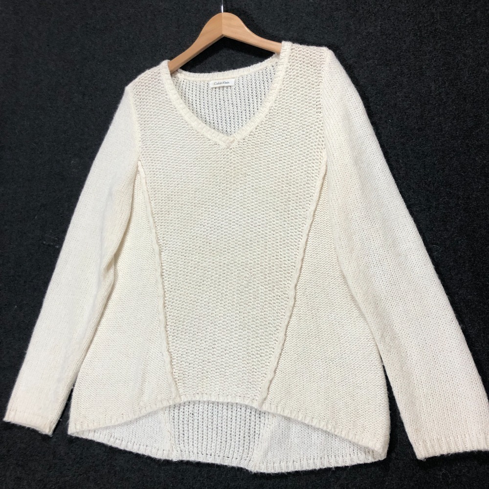 Calvin Klein Knit Sweater V-Neck Long Sleeve Pullover Casual Cream Size S